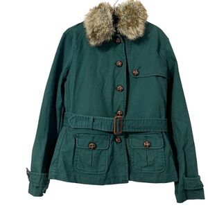Vintage GAP Faux Fur Collar Belted Utility Style Coat in Green Sz L Y2K Outdoor